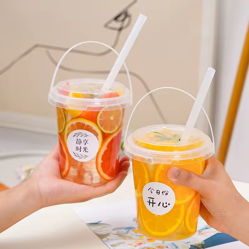 32oz 1000ml Transparent Plastic PP Boba Fruit Bubble Tea Buckets Cups with Handle Lids