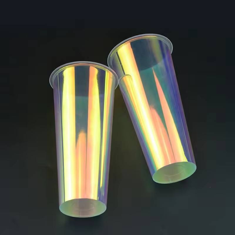 Holographic Rainbow Film Iridescent Plastic Cups 16oz 20oz With Lids and Straws Custom Logo