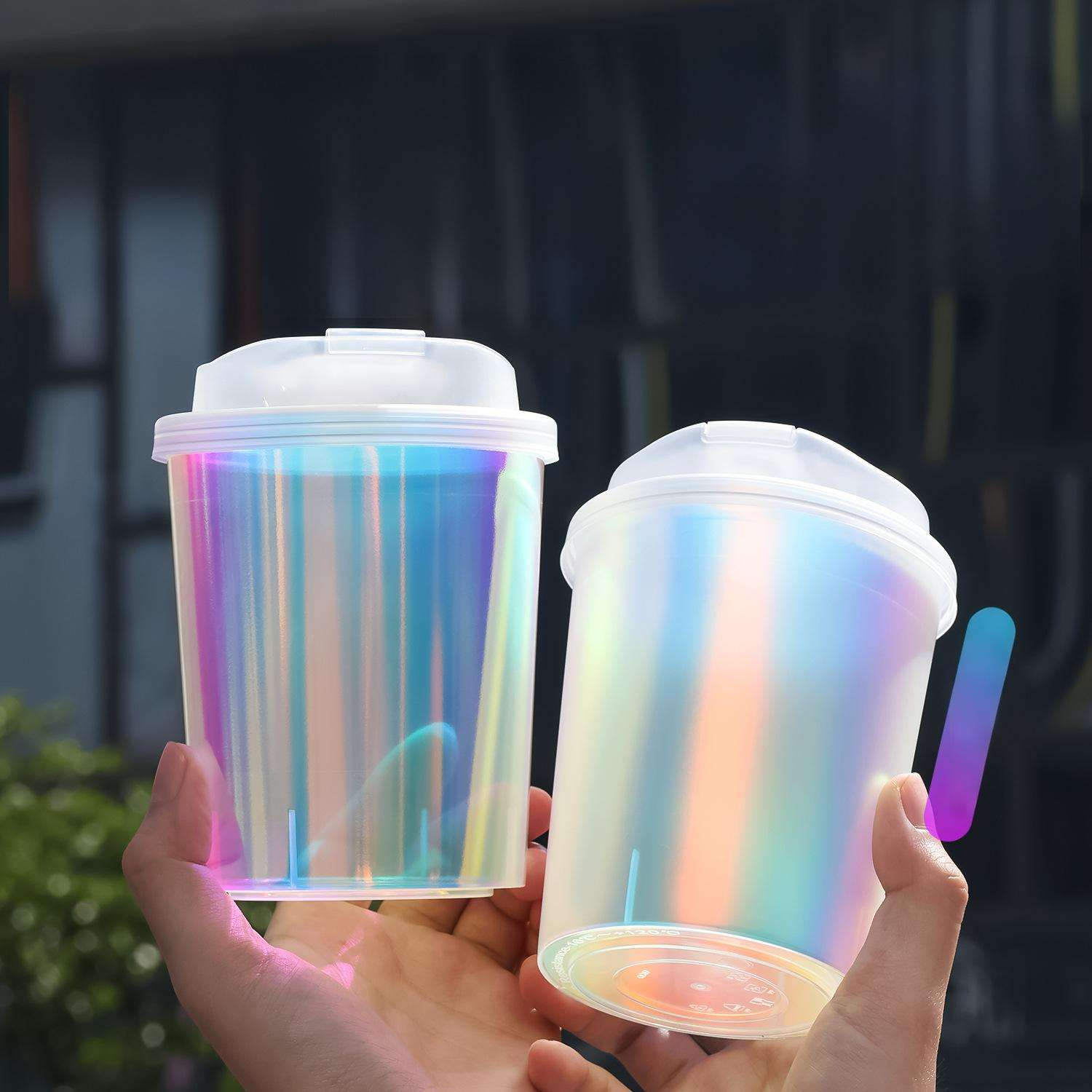 Holographic Rainbow Film Iridescent Plastic Cups 16oz 20oz With Lids and Straws Custom Logo