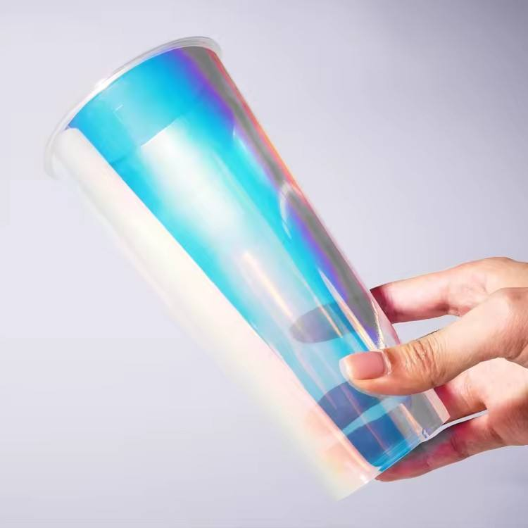 Holographic Rainbow Film Iridescent Plastic Cups With Lids and Straws Custom Logo