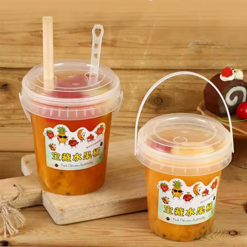 32oz 1000ml Transparent Plastic PP Boba Fruit Bubble Tea Buckets Cups with Handle Lids